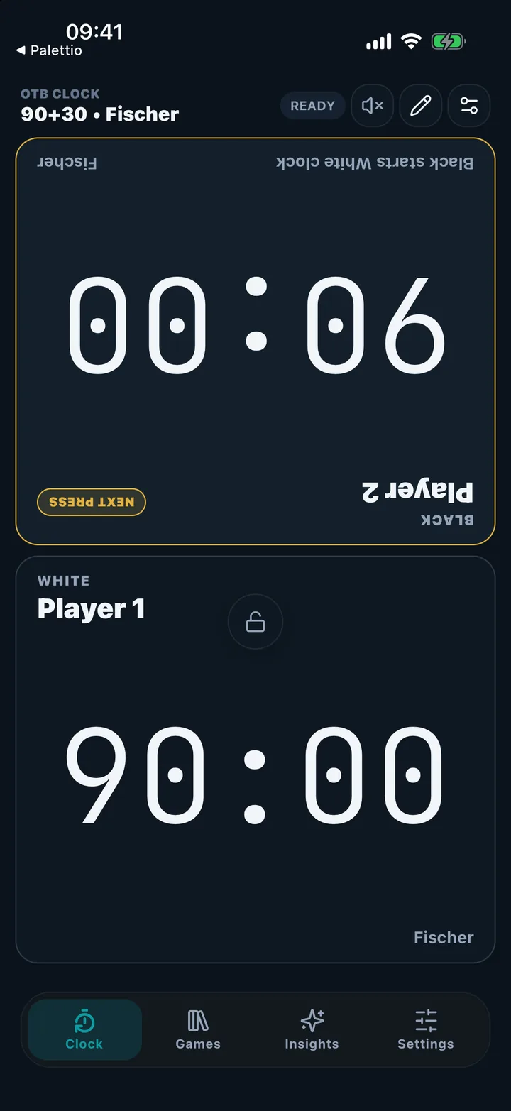 The clock ready to start a 90 plus 30 Fischer game