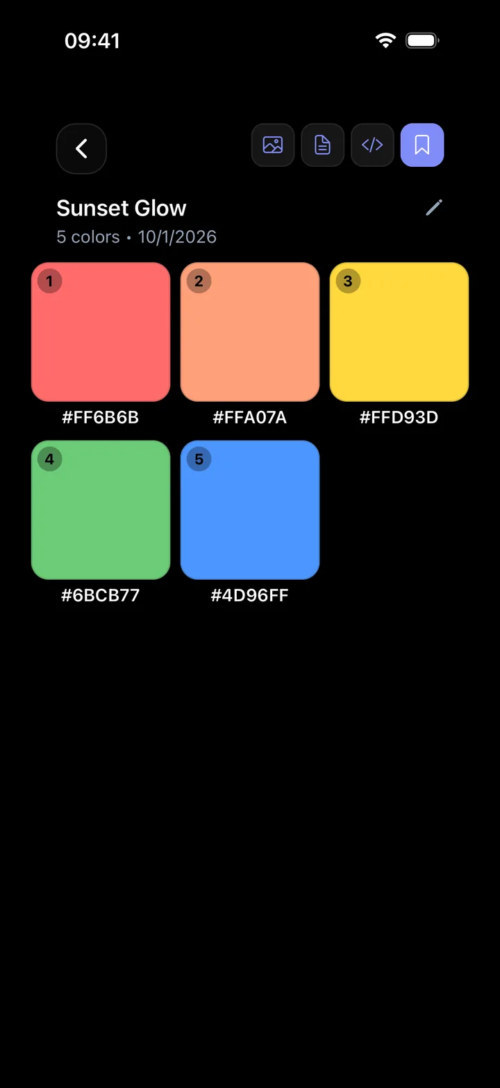 A saved five-color palette called Sunset Glow