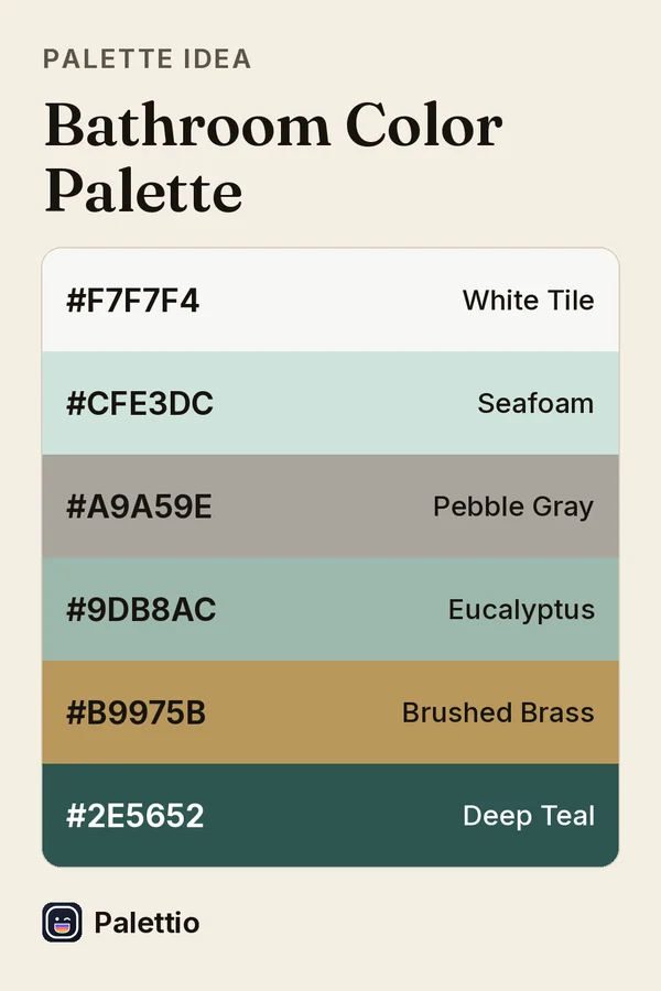 Six stacked color bands on cream paper titled Bathroom Color Palette: White Tile #F7F7F4, Seafoam #CFE3DC, Pebble Gray #A9A59E, Eucalyptus #9DB8AC, Brushed Brass #B9975B, Deep Teal #2E5652.