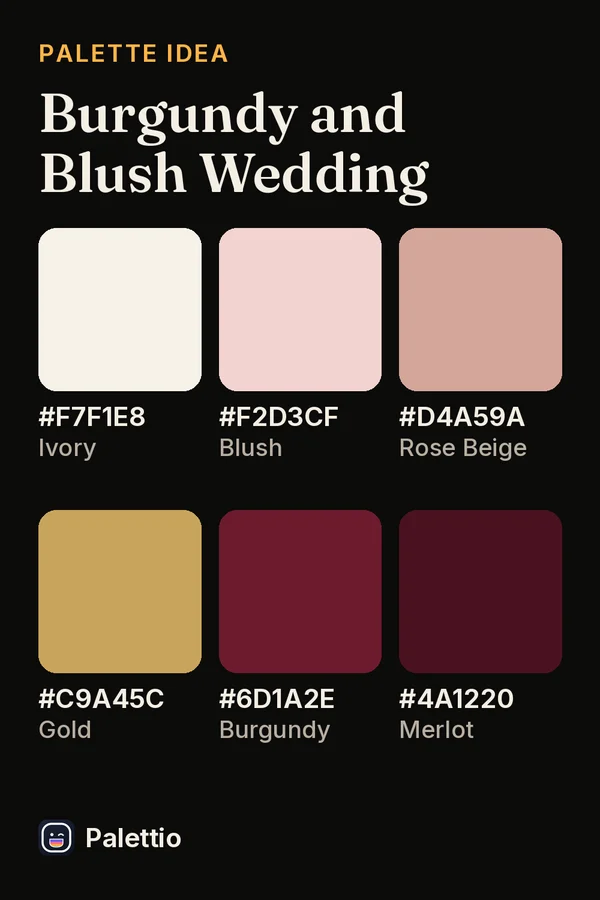 Six color chips on a dark page titled Burgundy and Blush Wedding: Ivory #F7F1E8, Blush #F2D3CF, Rose Beige #D4A59A, Gold #C9A45C, Burgundy #6D1A2E, Merlot #4A1220.