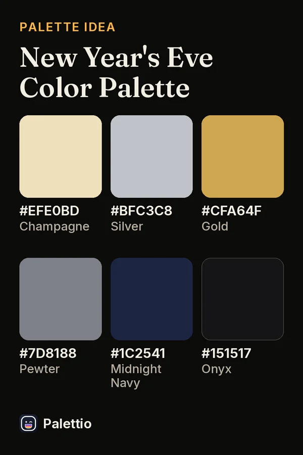 Six color chips on a dark page titled New Year's Eve Color Palette: Champagne #EFE0BD, Silver #BFC3C8, Gold #CFA64F, Pewter #7D8188, Midnight Navy #1C2541, Onyx #151517.