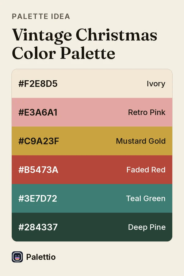 Six stacked color bands on cream paper titled Vintage Christmas Color Palette: Ivory #F2E8D5, Retro Pink #E3A6A1, Mustard Gold #C9A23F, Faded Red #B5473A, Teal Green #3E7D72, Deep Pine #284337.
