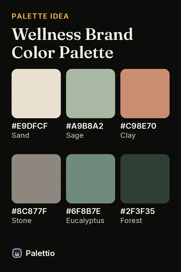 Six color chips on a dark page titled Wellness Brand Color Palette: Sand #E9DFCF, Sage #A9B8A2, Clay #C98E70, Stone #8C877F, Eucalyptus #6F8B7E, Forest #2F3F35.