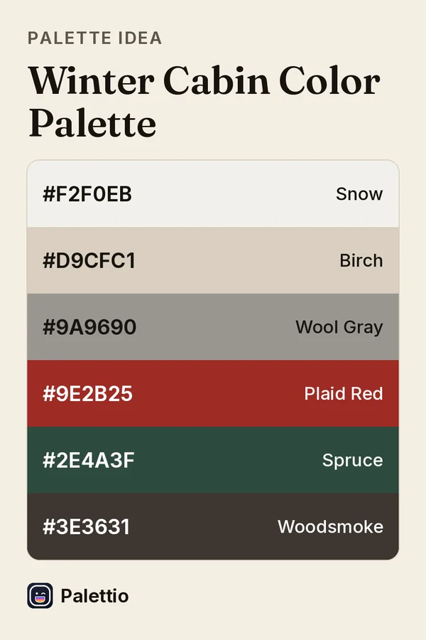 Six stacked color bands on cream paper titled Winter Cabin Color Palette: Snow #F2F0EB, Birch #D9CFC1, Wool Gray #9A9690, Plaid Red #9E2B25, Spruce #2E4A3F, Woodsmoke #3E3631.