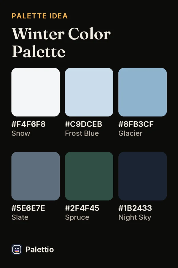 Six color chips on a dark page titled Winter Color Palette: Snow #F4F6F8, Frost Blue #C9DCEB, Glacier #8FB3CF, Slate #5E6E7E, Spruce #2F4F45, Night Sky #1B2433.